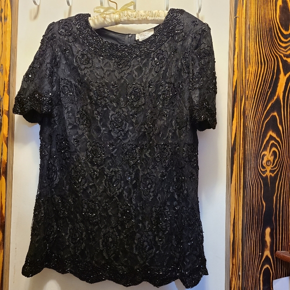 Black beaded Blouse, candlelight & champagne, size 14w - Picture 2 of 8